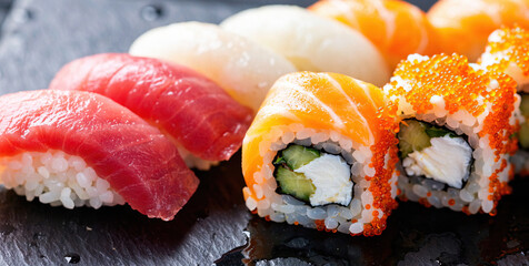 Sushi Rolls and Nigiri on Black Slate Plate with Orange and White Toppings