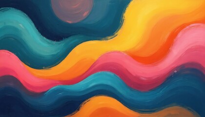 Abstract artwork features wavy colorful shapes. Bright design involves vibrant waves of different colors. Artistic backdrop is suitable for various creative projects such as posters or website design.