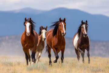 Obraz premium Wild horses galloping freely across an open field, showcasing their strength and beauty against a backdrop of mountains and blue skies, embodying the spirit of nature