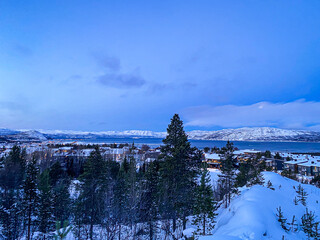 Blick auf Alta, Fjord und verschneite Berge