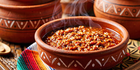Steaming bowl of traditional bean stew in a decorative clay pot with white patterns on a colorful tablecloth