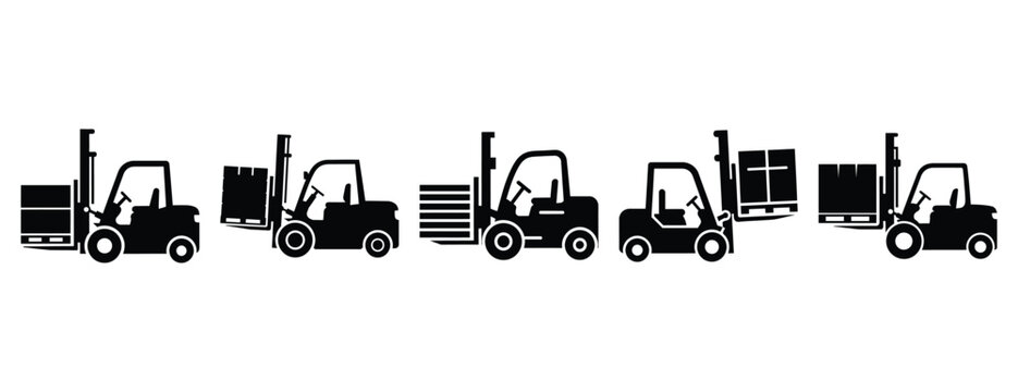 industrial truck loading silhouette icon set, solid style, vector illustration