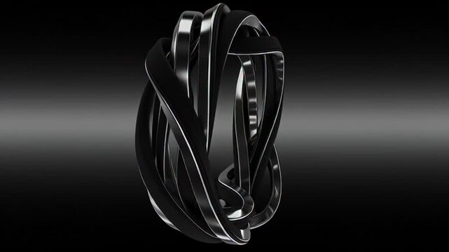 Abstract 3D Animation of Twisting Metallic and Black Bands Rotating in a Seamless Loop