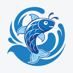 Fototapeta premium Cute cartoon fish vector illustration swimming happily in blue ocean water with a friendly smile and underwater wave details