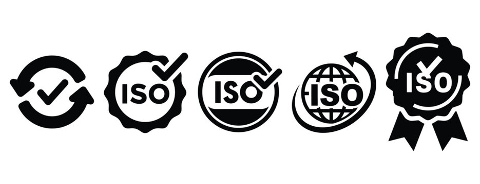 iso certification silhouette icon set, solid style, vector illustration