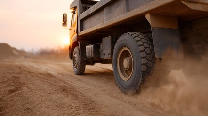 Obraz premium A yellow dump truck drives on a dusty dirt road during a golden hour sunset its tires kicking up fine sand