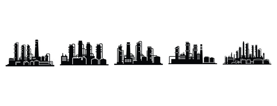 oil refinery silhouette icon set, solid style, vector illustration