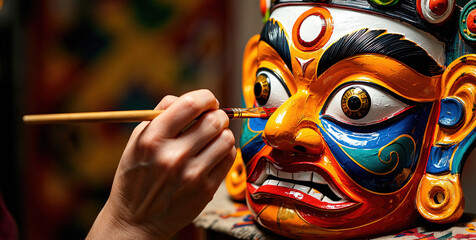 Colorful Mask Painting with Brush in Hand, Artistic Craftsmanship on Display