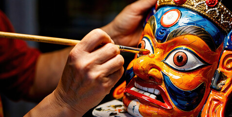 Artist's Hand Painting a Vibrant Tibetan Buddhist Mask with Intricate Details