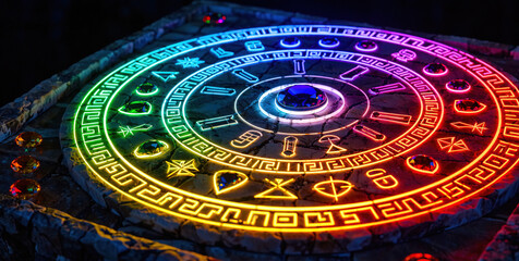 Vibrant Neon Astrology Wheel with Colorful Symbols and Markings on Stone Surface