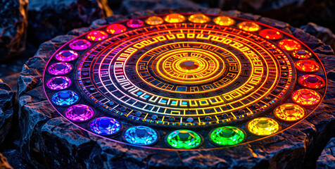 Vibrant Rainbow Mandala with Glowing Gemstones on Dark Rock Formation