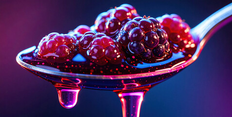 Close-up of juicy blackberries on a spoon with dripping purple syrup, colorful background
