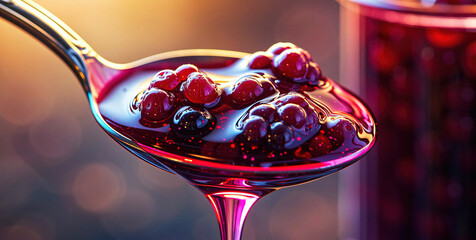 Close-up of shiny spoon filled with juicy red berries and sweet syrup