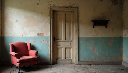 Vintage armchair stands in old room with decaying walls. A door is centered. Peeling paint and worn textures create distressed vibe. Neglected interior shows historical architecture.