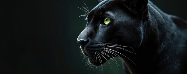 Black panther with piercing green eyes stares intensely. This big cat poses elegantly against a dark backdrop, its sleek fur absorbing light. A powerful predator in profile, ready to pounce.
