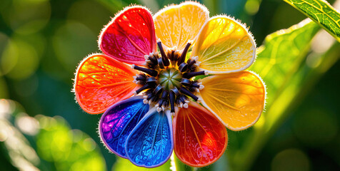 Vibrant Multi-Colored Flower with Dewy Petals and Blurred Green Background