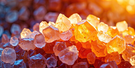 Close-up of crystalline sugar cubes in warm golden light with varying colors and textures