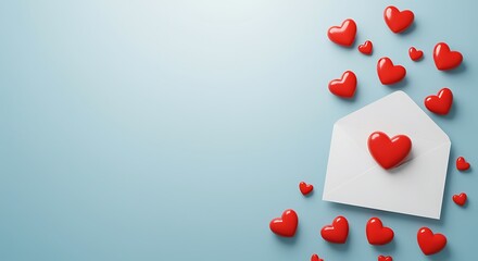 Red hearts on white envelope and blue background for love or valentines day