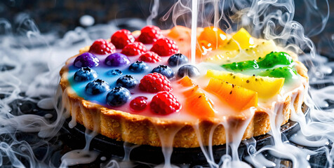 Vibrant Fruit Tart with Colorful Glaze and Smoking Effect on Dark Background