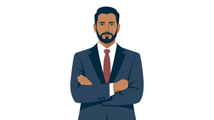 A confident cartoon businessman in a suit with his arms crossed smiling