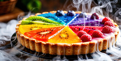 Vibrant Fruit Tart with Rainbow Slices and Steam, Freshly Baked Dessert