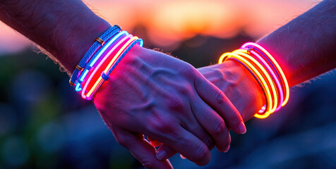 Glowing Hands Holding, Neon Bracelets at Sunset