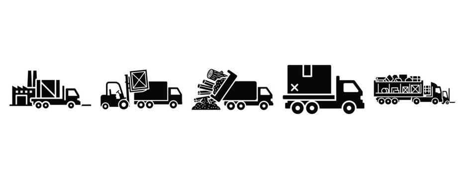 raw material delivery silhouette icon set, solid style, vector illustration