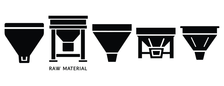 raw material hopper silhouette icon set, solid style, vector illustration