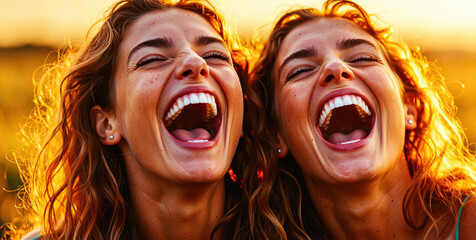 Two Women Laughing Joyfully Together Outdoors at Sunset