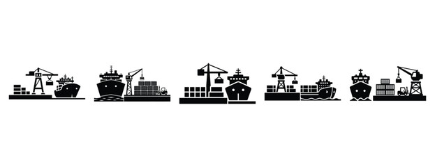 Fototapeta premium shipping dock silhouette icon set, solid style, vector illustration