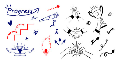 Obraz premium expressive icon collection for motivation, success, growth, progress, hand drawn design set, background for motivation poster, business theme design, illustration, symbol,