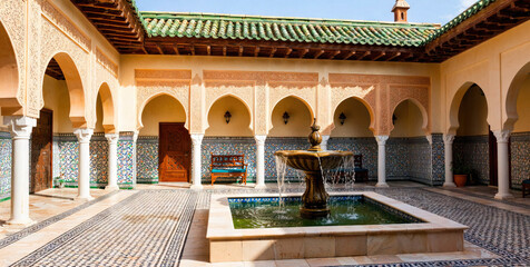 Moroccan Courtyard with Ornate Fountain and Arches Under Green Roof