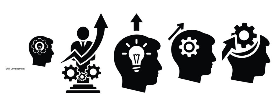 skill development silhouette icon set, solid style, vector illustration