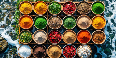 Vibrant Spice Bowls on Rocky Water Background with Herbs and Colorful Powders