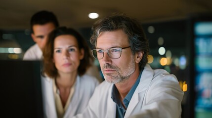 Scientific research scene with radiation data displayed on monitors, focused specialists analyzing results, representing responsibility and advanced knowledge. cinematic color correction, natural