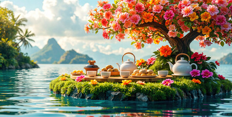 Serene Island Oasis with Blooming Tree, Tea Set, and Pastries on Water