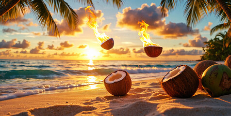 Flaming Coconuts on a Tropical Beach at Sunset with Palm Trees and Ocean Waves