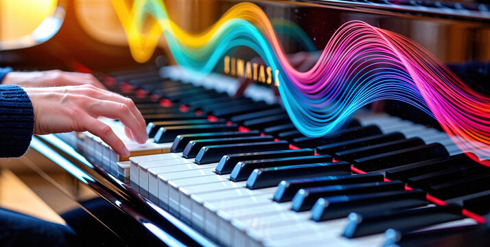Person playing piano with colorful sound waves and vibrant musical notes in background - Powered by Adobe