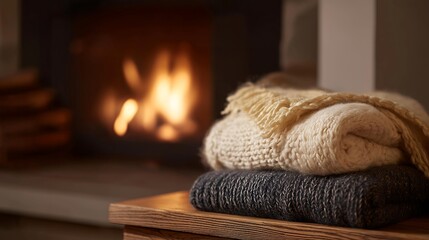 Knitted blanket folded beside a warm fireplace, flickering flames reflecting on fibers and creating a serene mood of coziness, warmth, and quiet retreat. cinematic color correction, natural uneven
