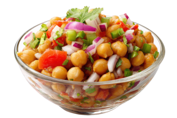 Vibrant chickpea salad in glass bowl isolated on transparent background
