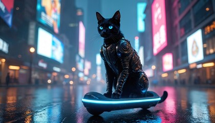 Black cat in cyber armor rides hoverboard on wet city street at night. Neon lights reflect on wet pavement. Futuristic urban scene with glowing billboards and rain.