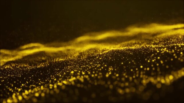 Golden particles flowing across a dark surface in a wavy pattern from a close-up viewpoint