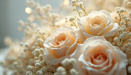 Close up photo of elegant roses arrangement. Cream colored roses and baby breath create a gentle floral display. Beautiful light and soft colors enhance the romantic and tender composition.