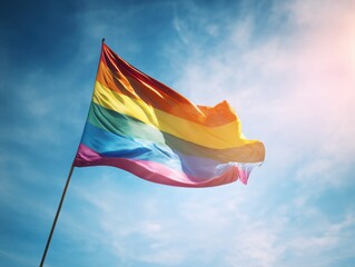 colorful rainbow flag fluttering under clear blue sky during lgbtq pride parade