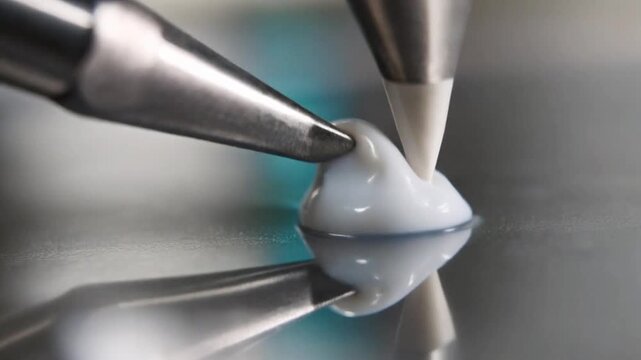 Ultra-macro shot of a dental composite applicator pressing resin with a glossy material texture and realistic tooth detail, 4K.