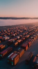 dock. Aerial view of stacked shipping containers at an industrial dock with morning mist. safety posters, maintenance manuals, designed for precision metalworking and fabrication facilities.
