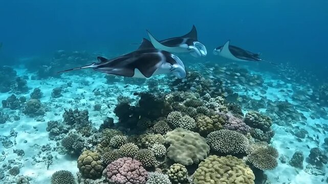 The Manta rays (Manta alfredi) searching for food in shallow seas, Raja Ampat Islands in Southwest Papua, Indonesia.

