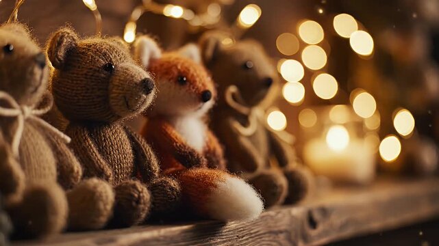 Cozy Knitted Animal Toys with Warm Festive Lights - A row of charming knitted animal toys, including bears and a fox, are displayed on a wooden surface.