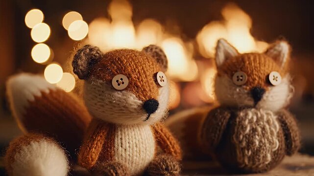 Cozy Knitted Fox Toys by the Fireplace - The video features two adorable knitted fox toys with button eyes, sitting side-by-side in a cozy setting.