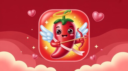 High-quality 3D app icon design featuring a cute chili pepper dressed as Cupid with angel wings and a halo, holding a bow and arrow for a spicy Valentine's Day celebration